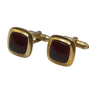 Vintage Correct Quality Gold-Tone Cufflinks Square Red Cabochon